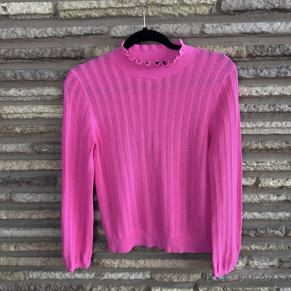 J. Crew Pointelle Ruffle Mock Neck Raspberry Pink Cotton Sweater Size Small - Picture 7 of 8